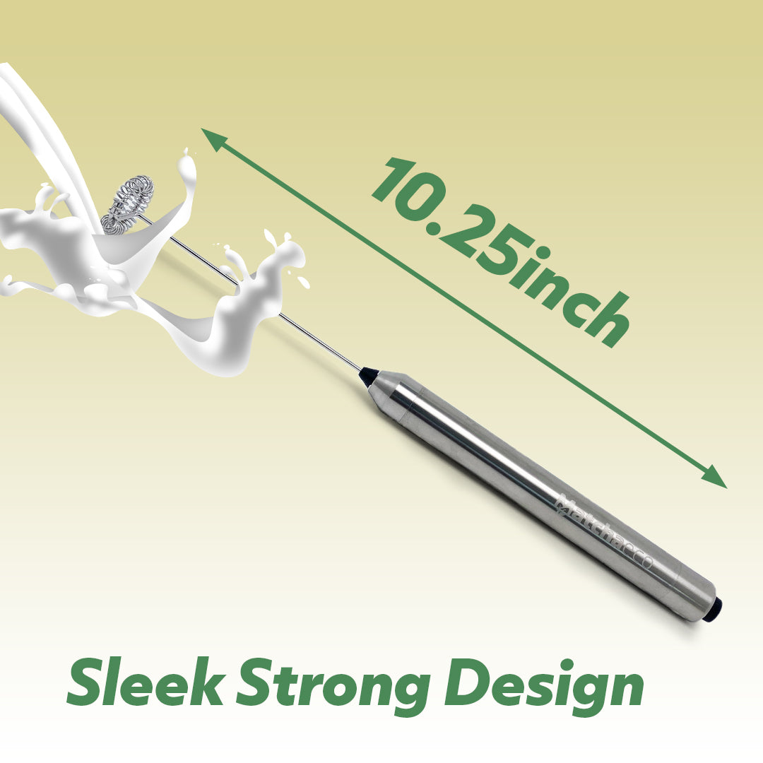 Silver milk frother pen with measurement label on a beige background