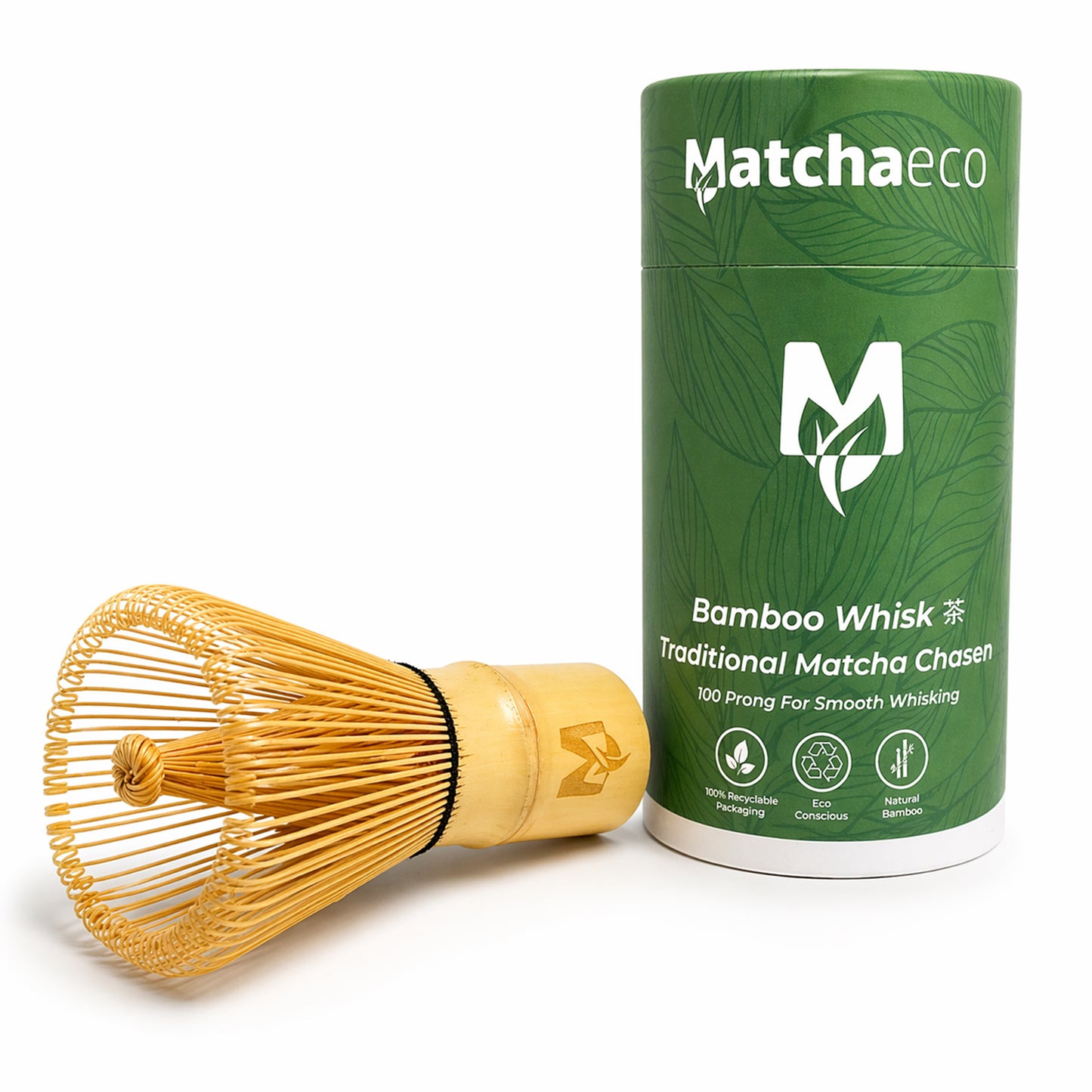 Matchaeco bamboo whisk and green container on a white background