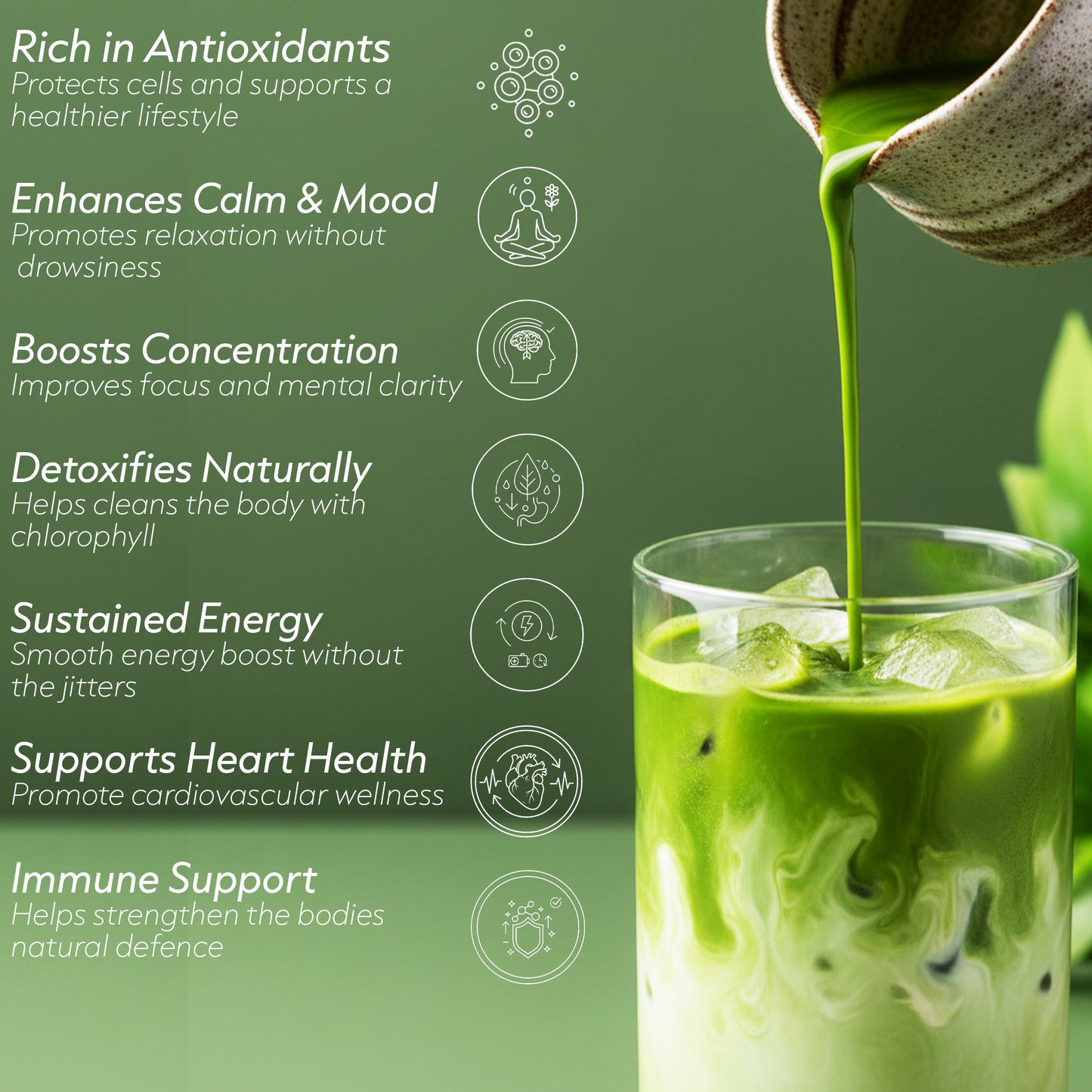 Promotional graphic about the benefits of matcha with a cup of matcha in the foreground.