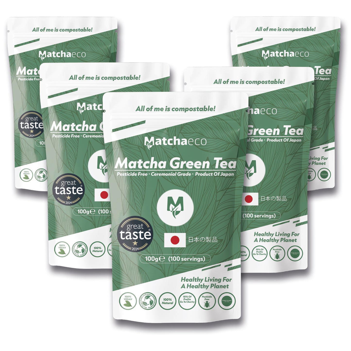 Multiple packages of Matchaeco Matcha Green Tea on a white background