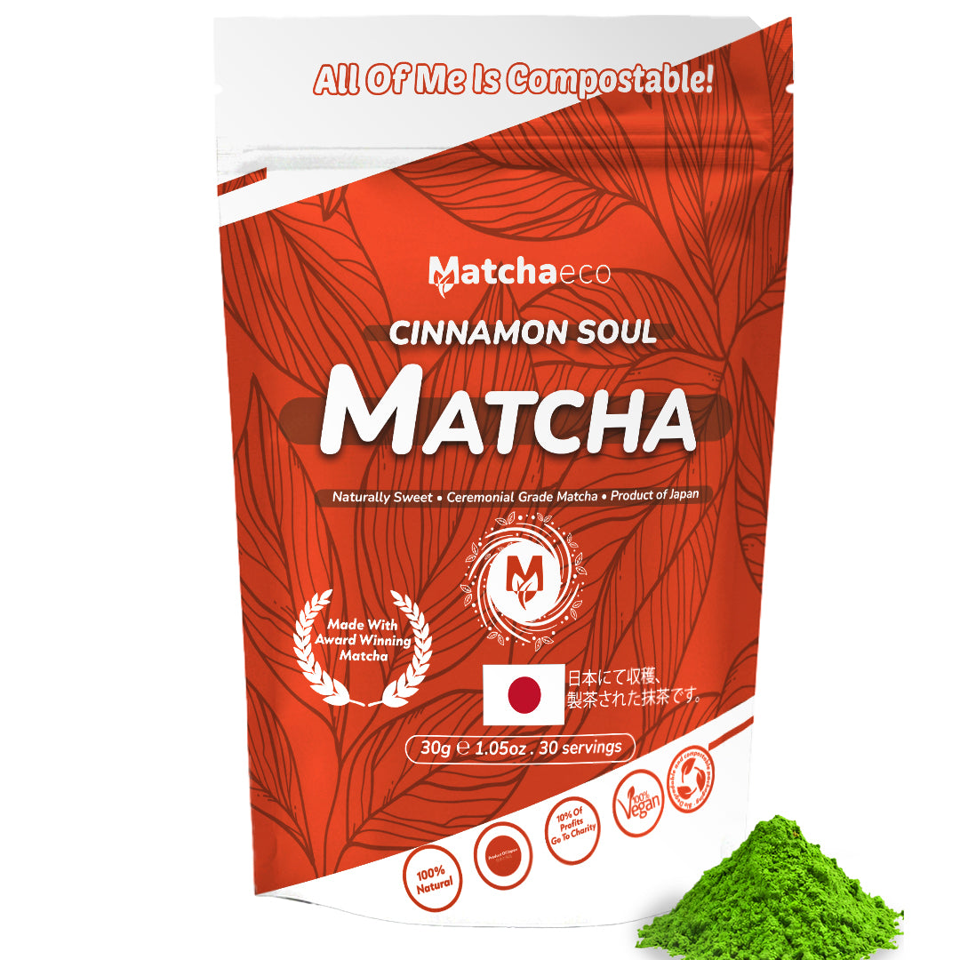 Matchaeco Cinnamon Matcha Green Tea package with green powder and cinnamon sticks in the background