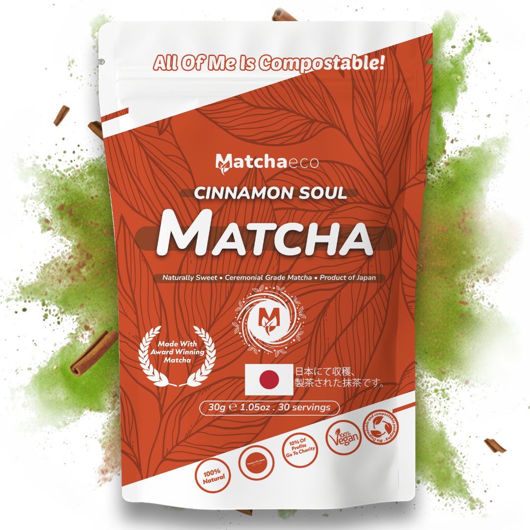 Matchaeco Cinnamon Matcha Green Tea package with green powder and cinnamon sticks in the background