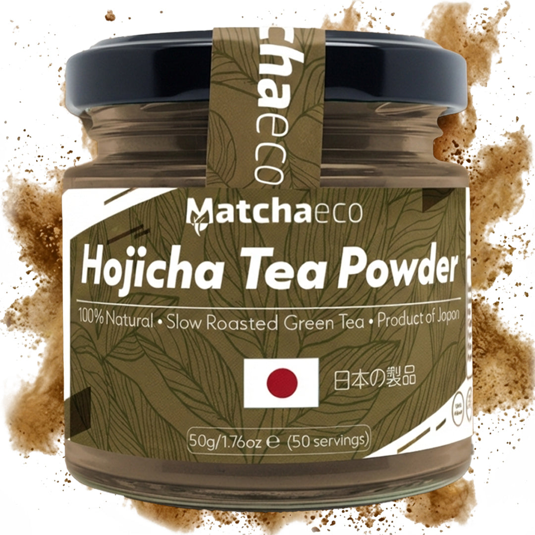 Jar of Matchaeco Hojicha Tea Powder with visible tea powder on a white background