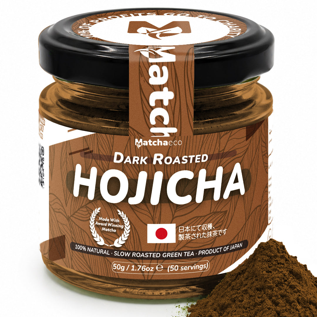 Jar of Matchaeco Hojicha Tea Powder with visible tea powder on a white background