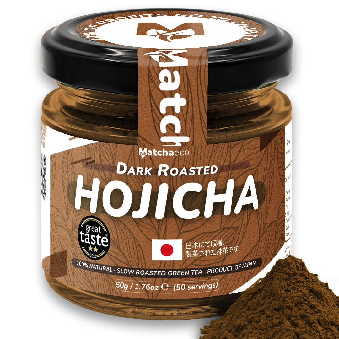 Jar of Matchaeco Hojicha Tea Powder with visible tea powder on a white background