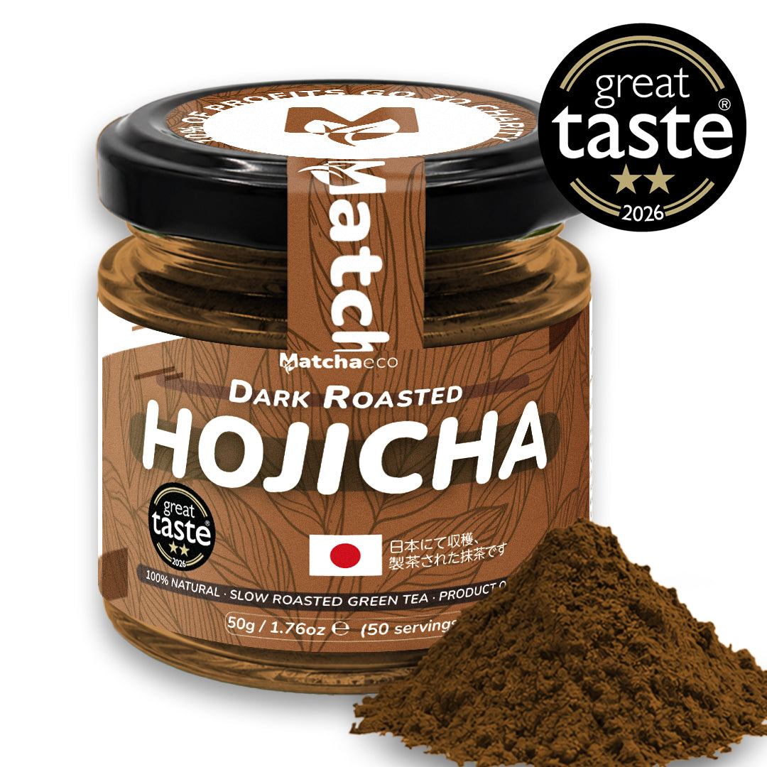Jar of Matchaeco Hojicha Tea Powder with visible tea powder on a white background