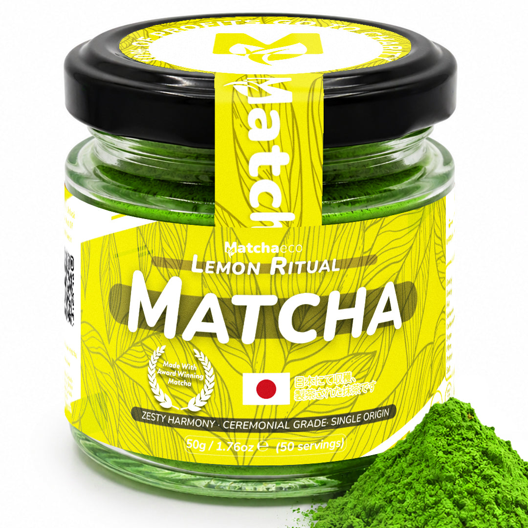 Jar of Matcha with a yellow label on a white background