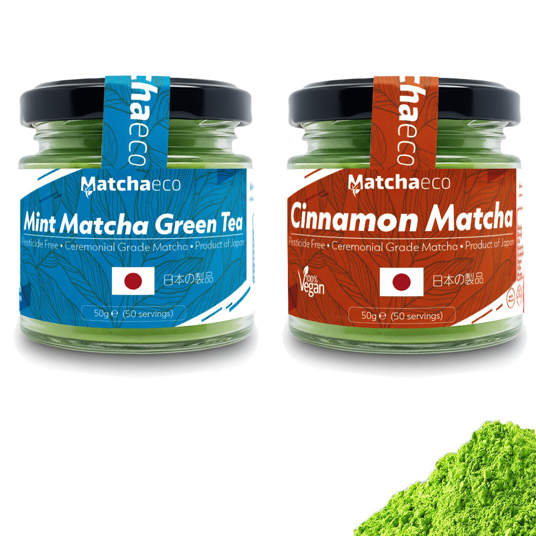Matchaeco Duo matcha green tea powder ceremonial grade, Cinnamon, Mint