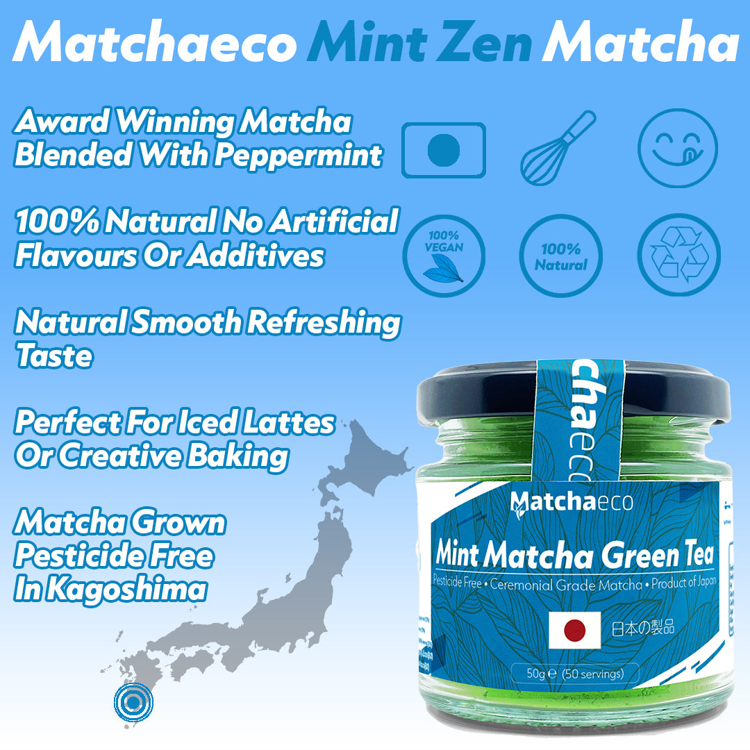 Matchaeco Mint Zen Matcha packaging with product details on a blue background