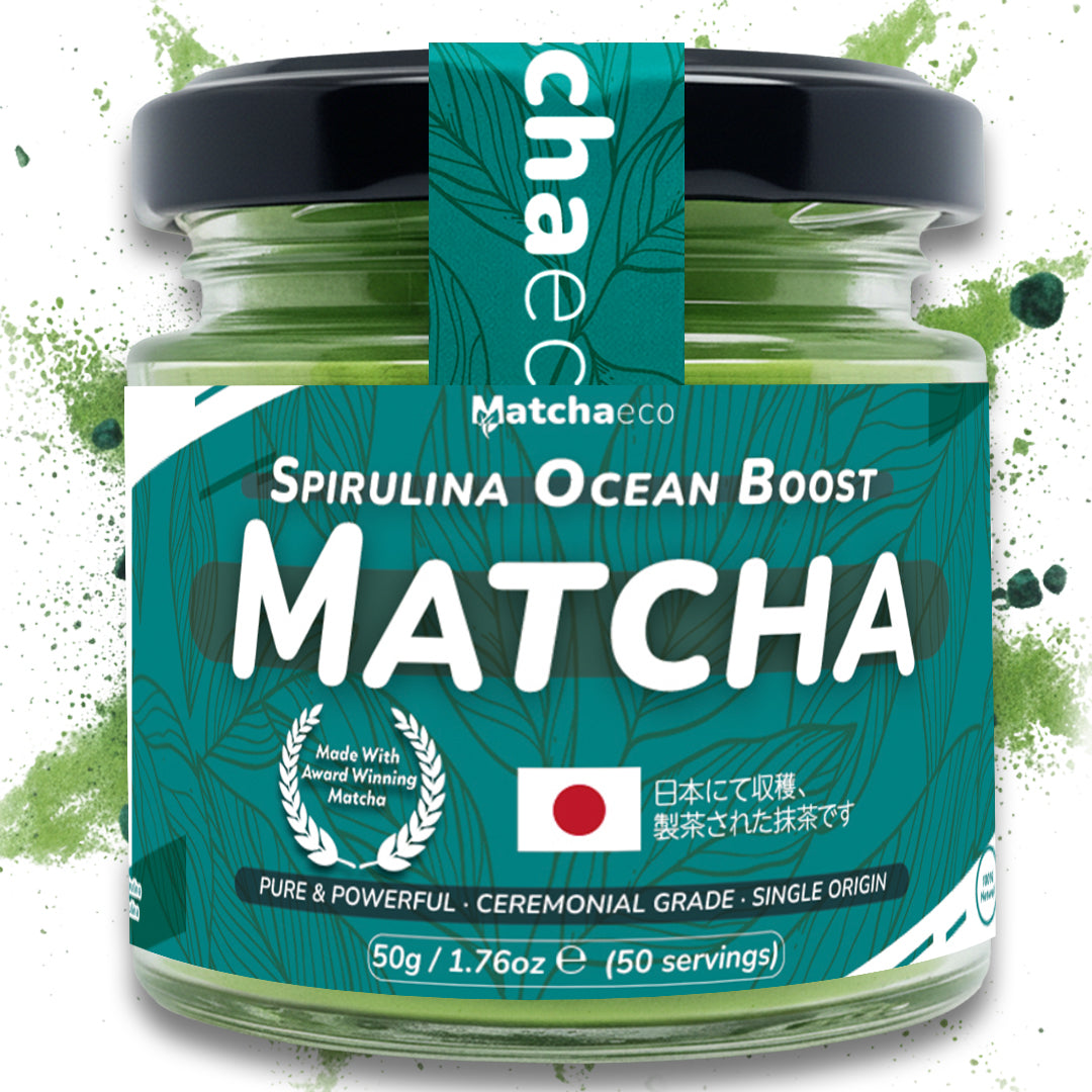 Matchaeco Spirulina Matcha Green Tea jar with green powder on a white background