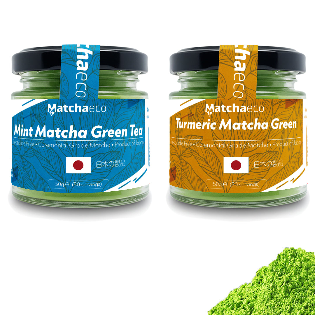 Matchaeco Duo matcha green tea powder ceremonial grade, Turmeric, Mint