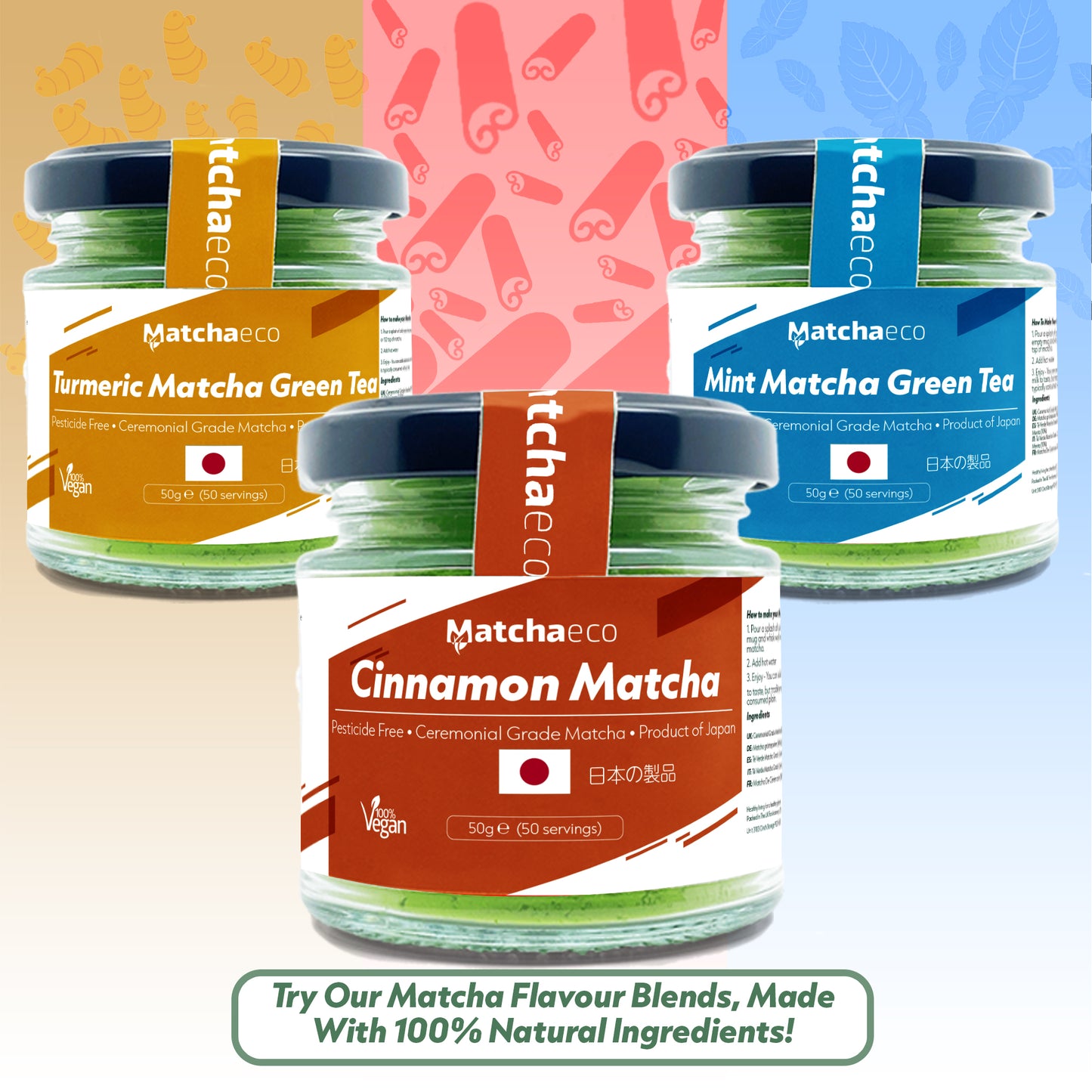 matchaeco 50g matcha green tea powder mint cinnanmon turmeric