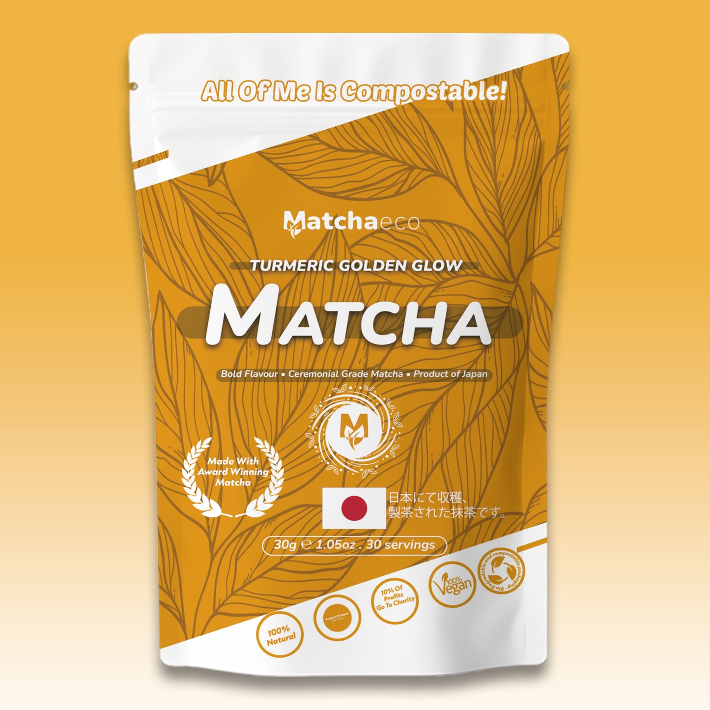 Matchaeco Turmeric Matcha Green Tea package on a yellow background