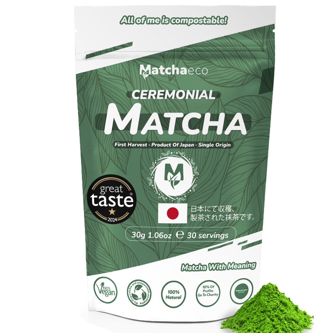 Matchaeco Matcha Green Tea package with green powder background
