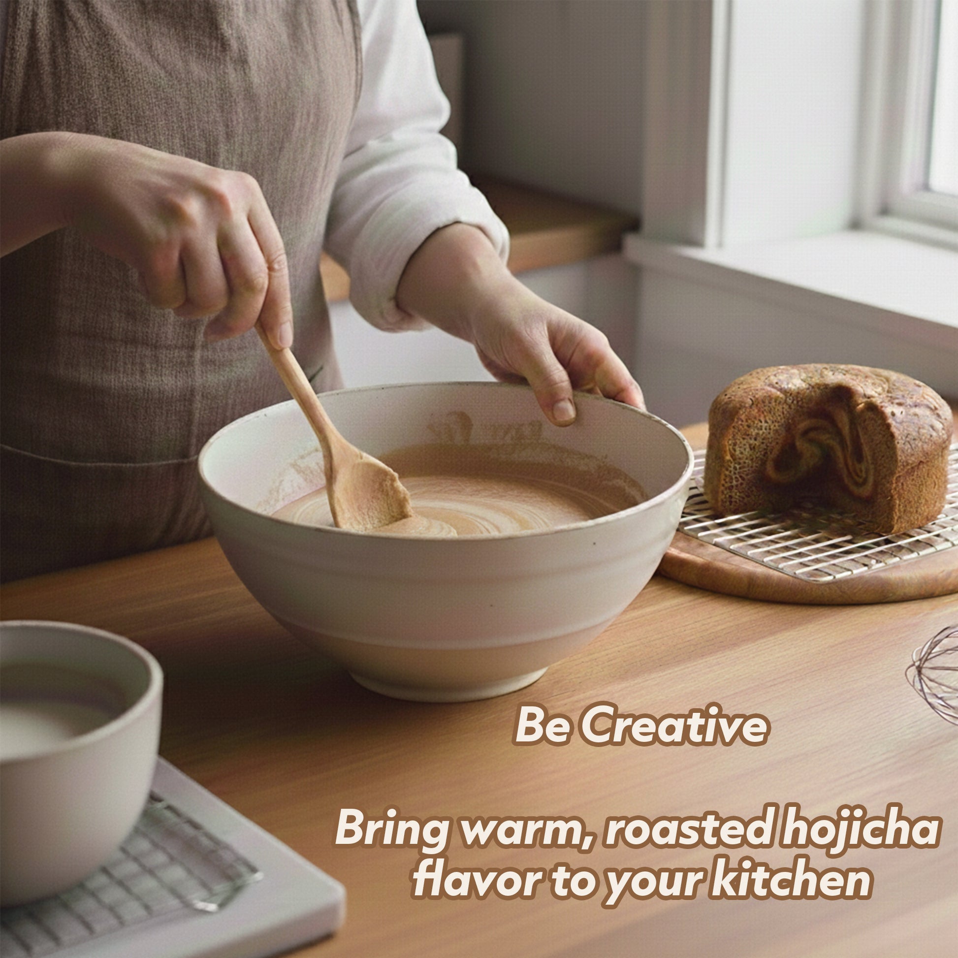 Person stirring a bowl of warm liquid with a wooden spoon on a wooden table, with text promoting roasted hojicha flavor.