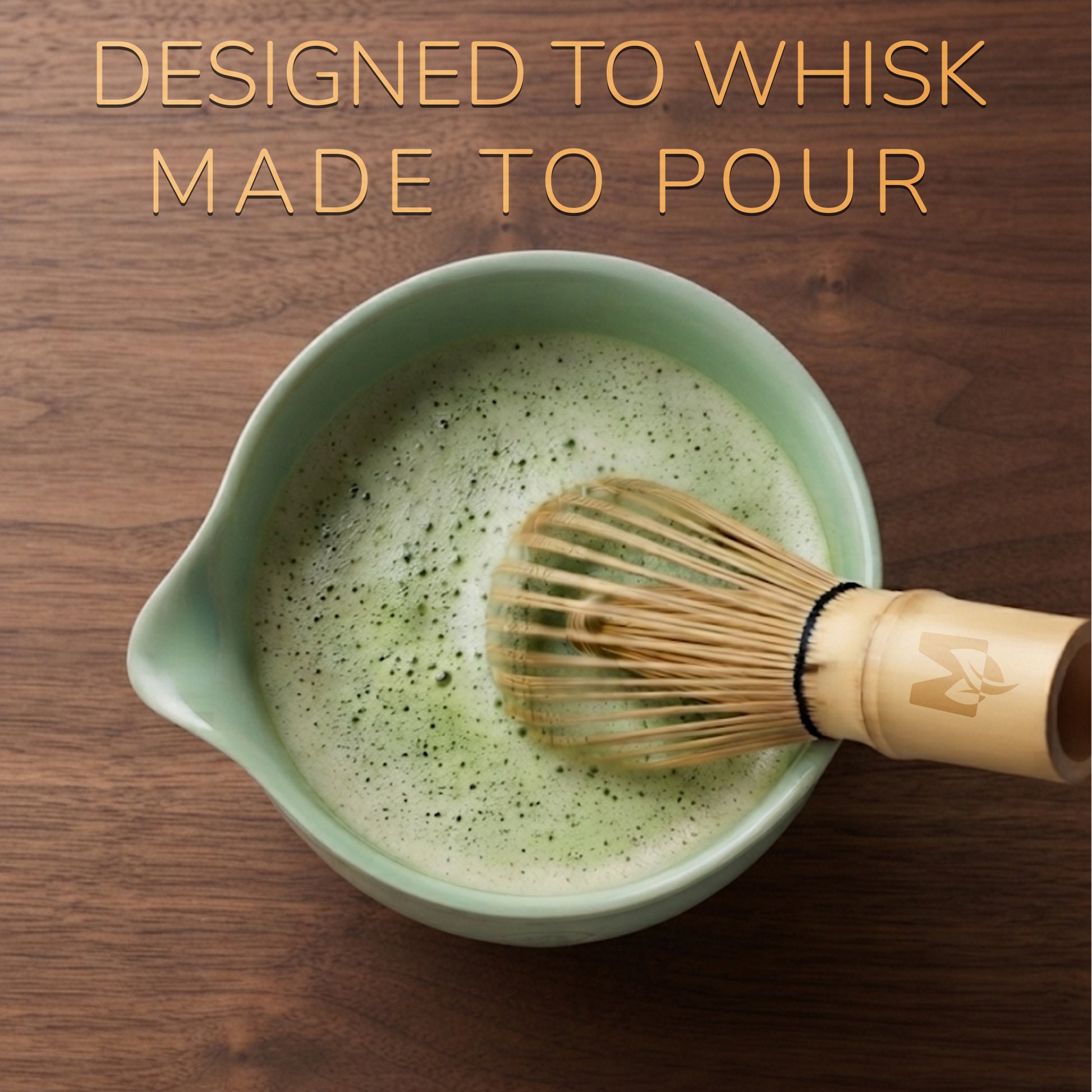 Designed to whisk, made to pour, matchaeco matcha bowl being whisked with matchaeco bamboo whisk