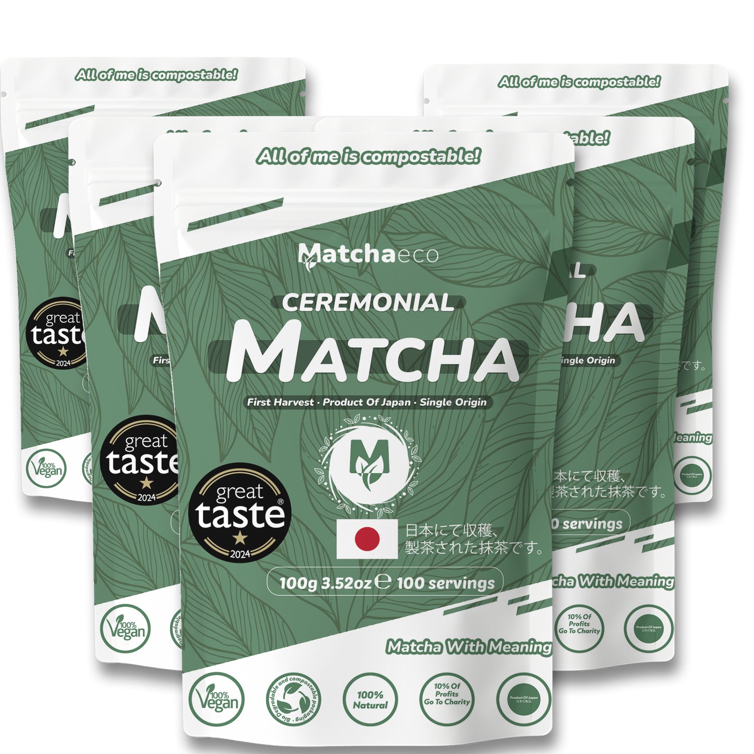 Multiple packages of Matchaeco Matcha Green Tea on a white background