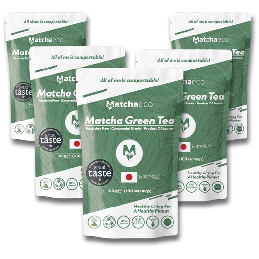 Multiple packages of Matchaeco Matcha Green Tea on a white background