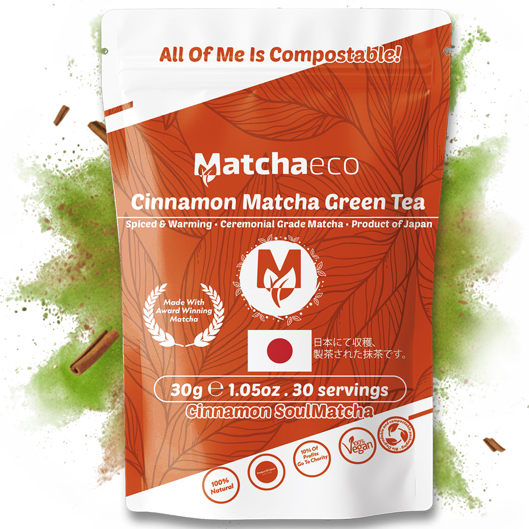 Matchaeco Cinnamon Matcha Green Tea package with green powder and cinnamon sticks in the background