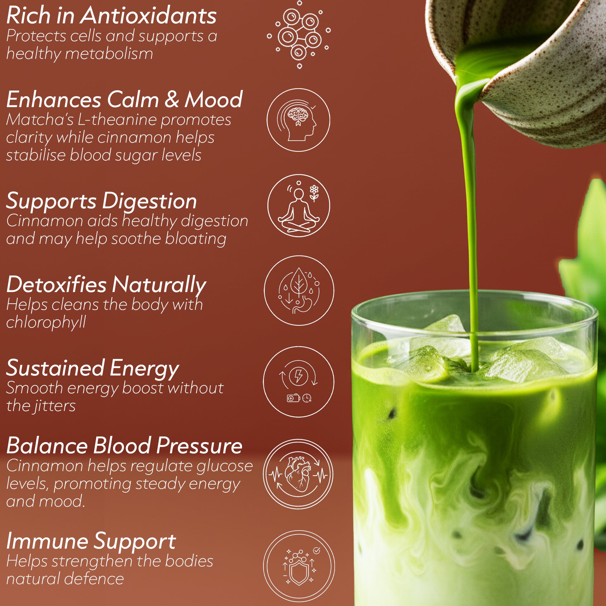 Green smoothie being poured into a glass with health benefits listed on a red background