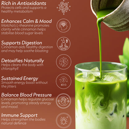 Green smoothie being poured into a glass with health benefits listed on a red background
