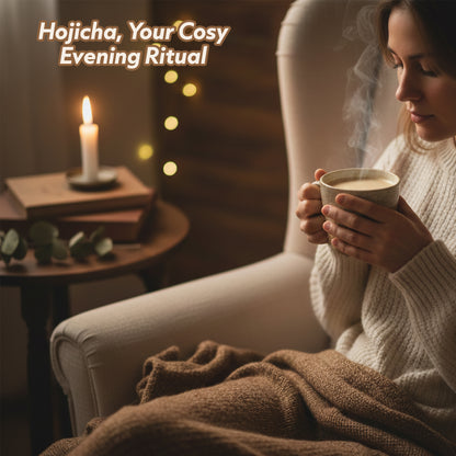 Woman in a cozy setting holding a steaming cup, with text 'Hojicha, Your Cosy Evening Ritual'.