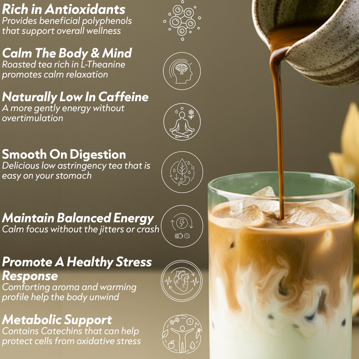 Glass of iced coffee with brewing process and health benefits text on a brown background