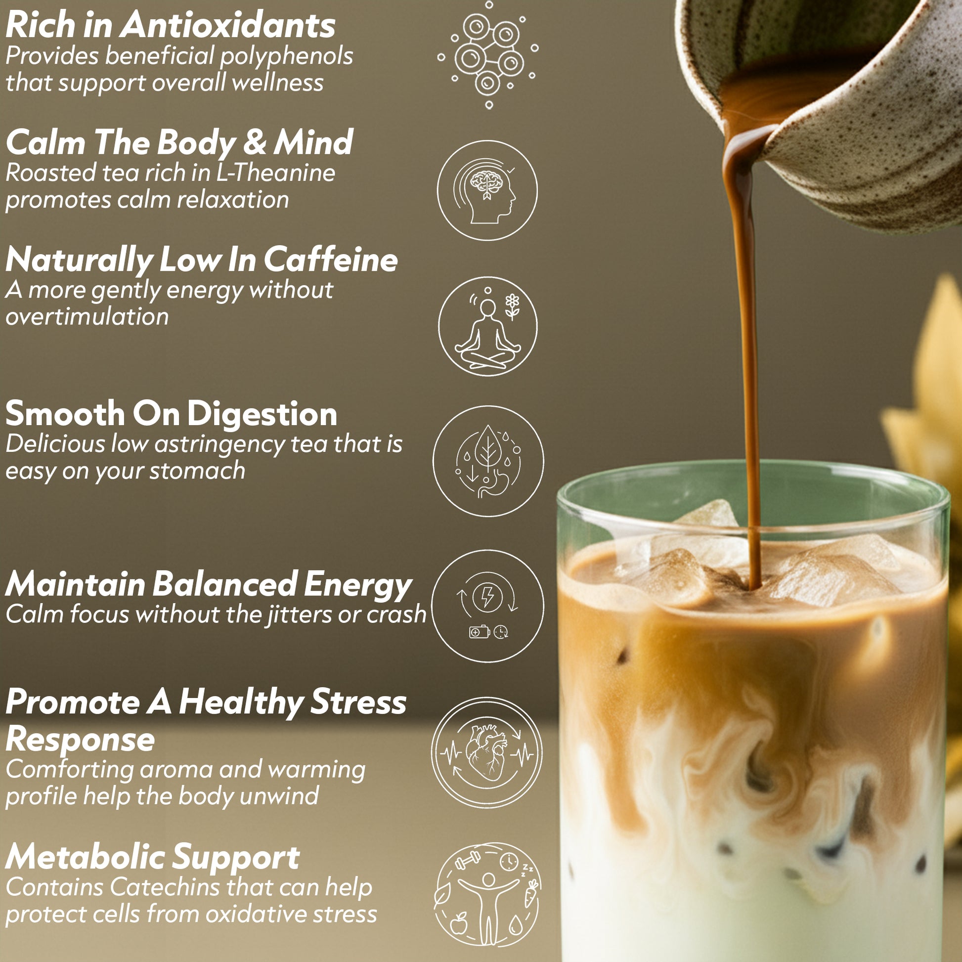 Glass of iced coffee with brewing process and health benefits text on a brown background