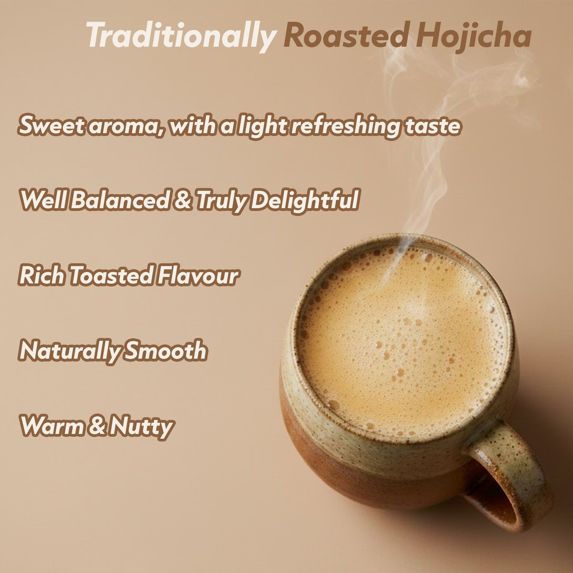 Cup of coffee with text describing the flavor profile on a brown background