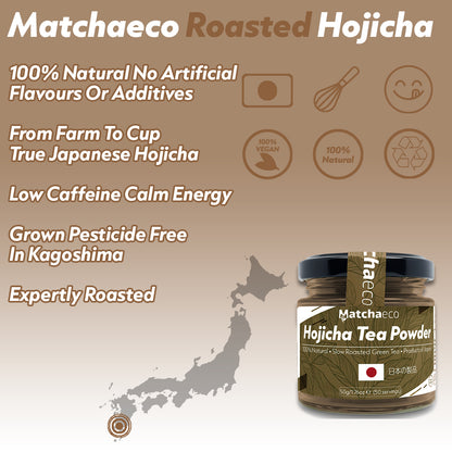 Matchaeco Roasted Hojicha tea powder jar with product details on a brown background