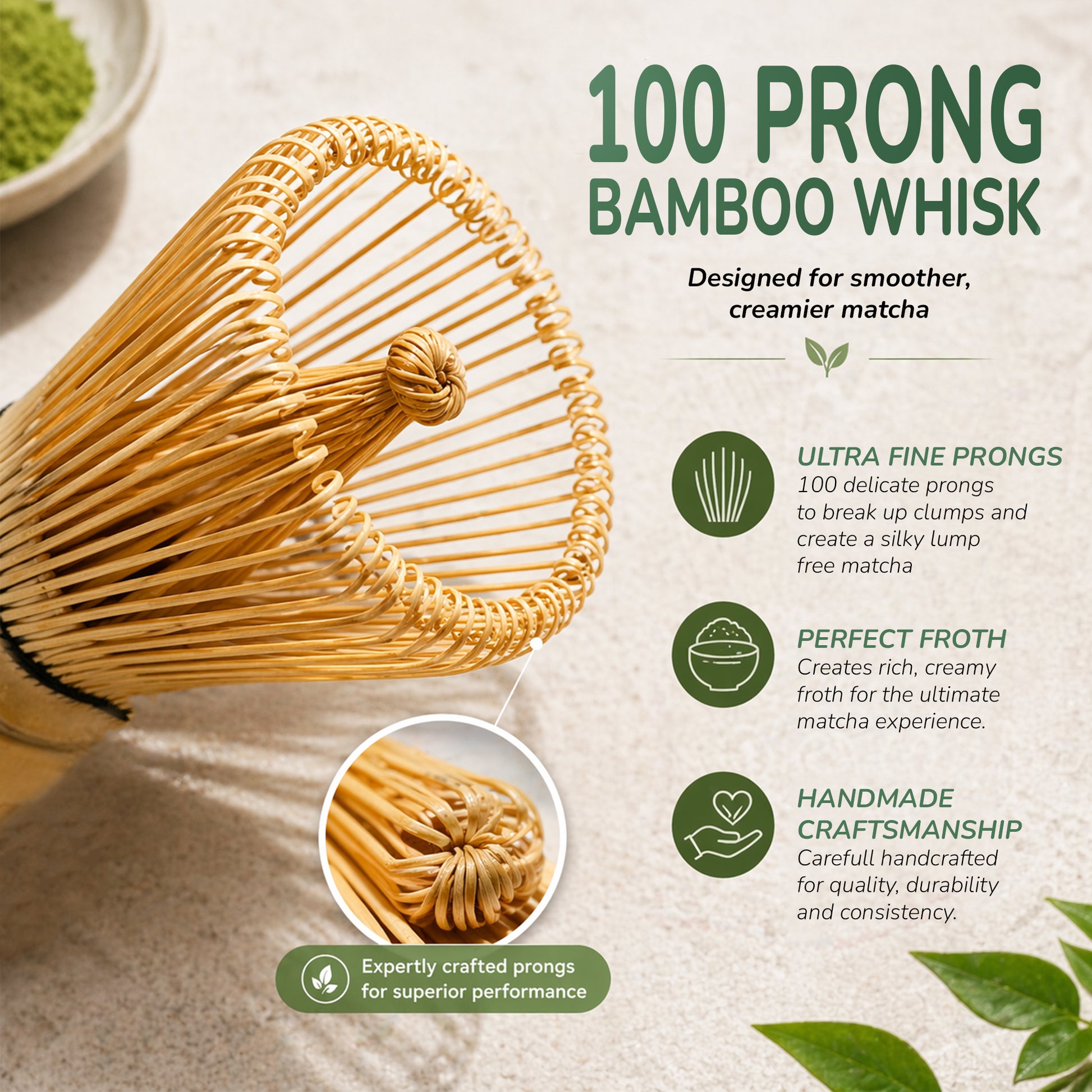 100 prong bamboo whisk with matcha powder and green leaves on a light background