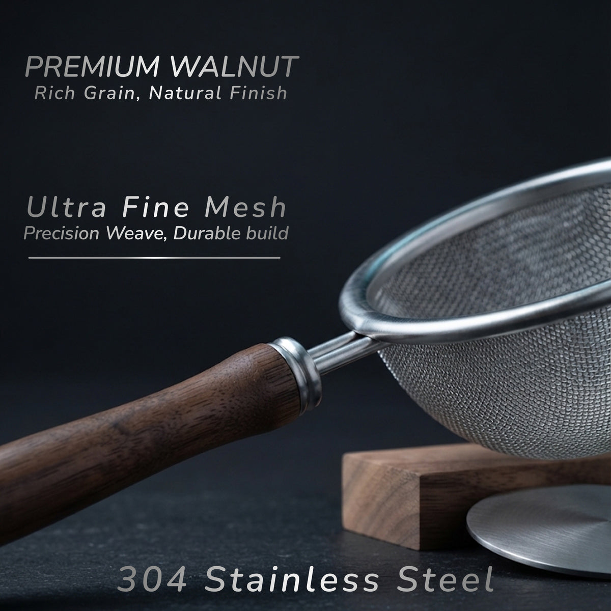 A close-up of a kitchen strainer with a dark brown walnut wood handle and a silver stainless steel mesh screen, resting on a wooden block against a dark background. Text overlays highlight the premium walnut finish, ultra fine mesh, and 304 stainless steel construction.
