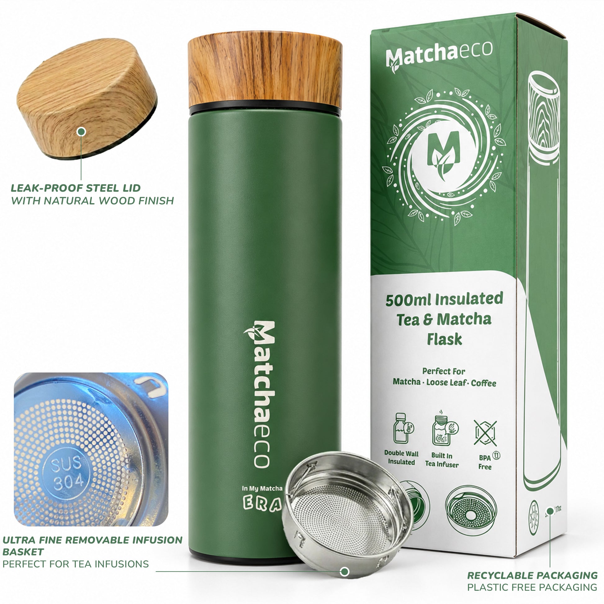 Green insulated tea and matcha flask with wooden lid and Matchaeco packaging.