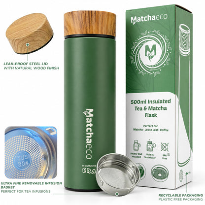 Green insulated tea and matcha flask with wooden lid and Matchaeco packaging.