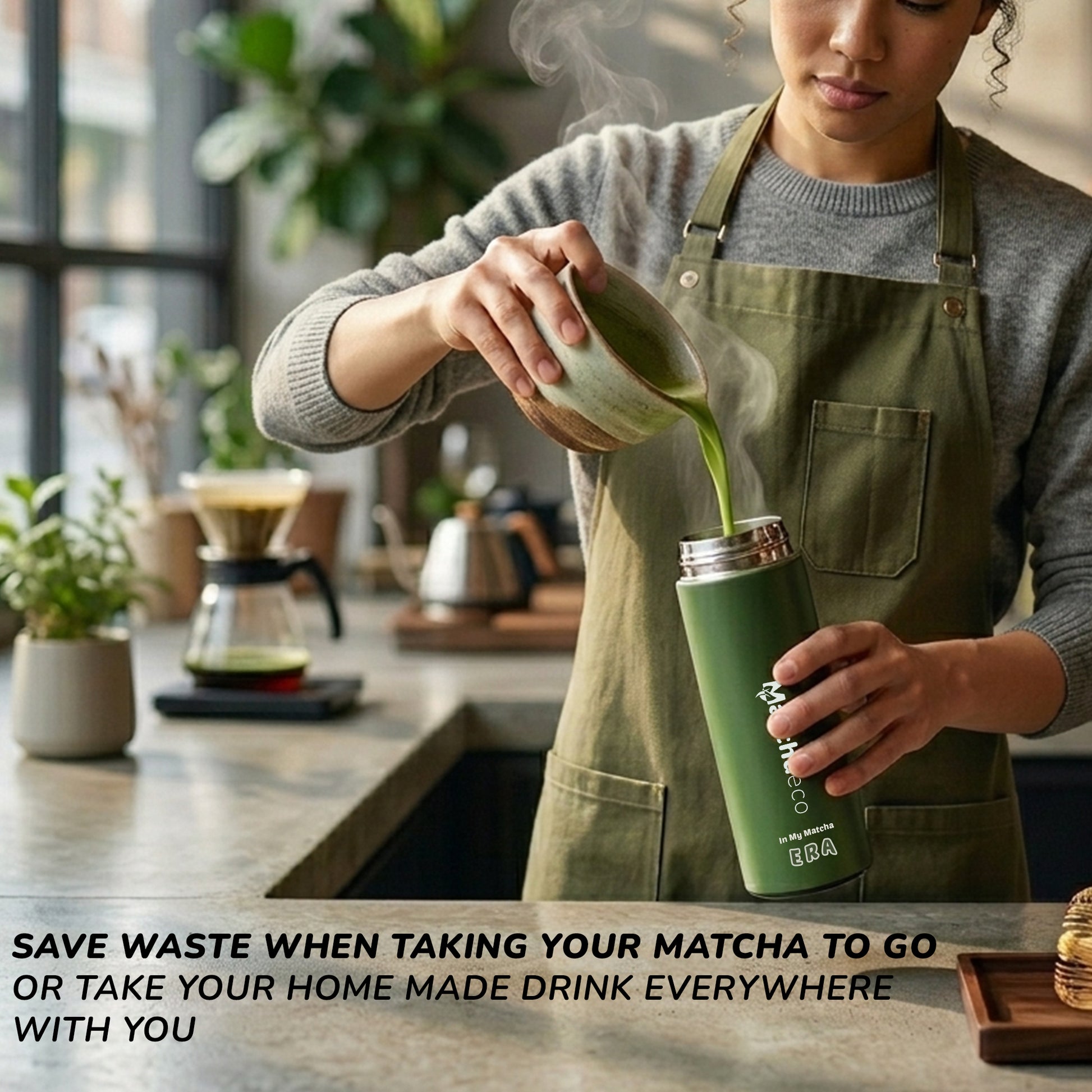 Person pouring matcha into a green thermos with text about saving waste.