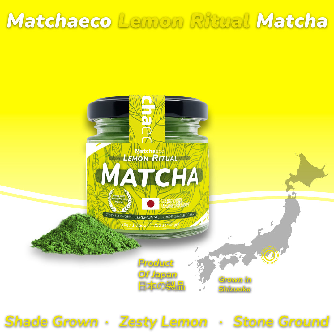 Jar of Matchaeco Lemon Ritual Matcha with green powder on a yellow background