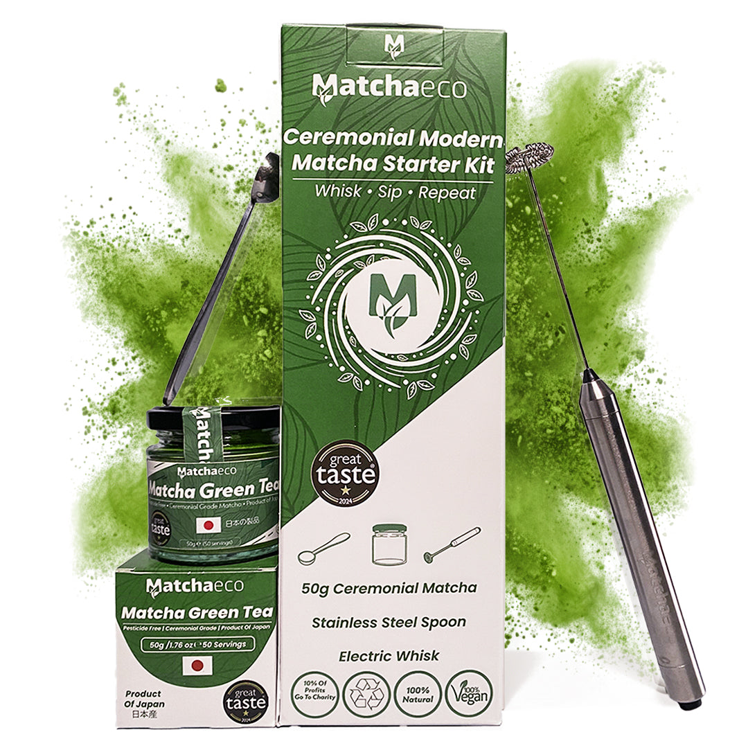 Matchaeco ceremonial modern matcha starter kit with packaging, whisk, and spoon on a white background.