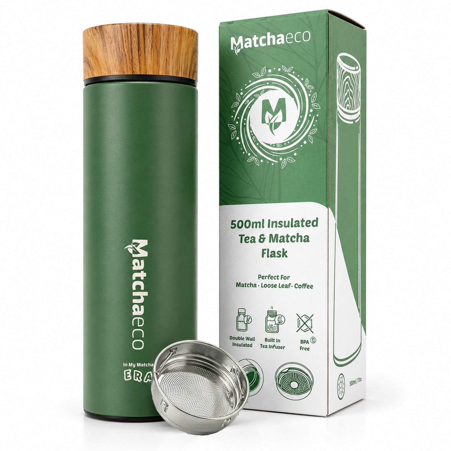 Green insulated tea and matcha flask with wooden lid and packaging on a white background