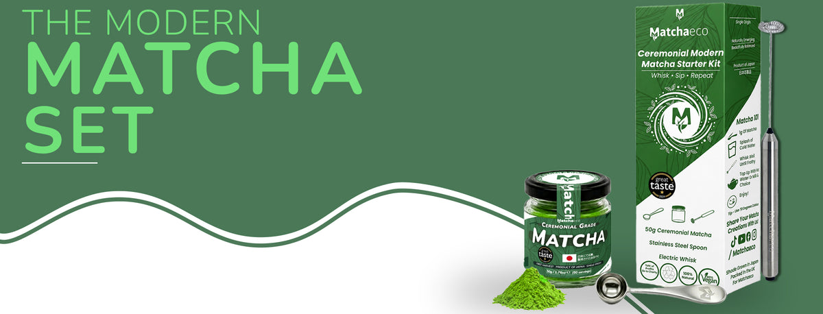 mATCHAECO MODERN MATCHA banner, image of matcha jar, whisk and spoon