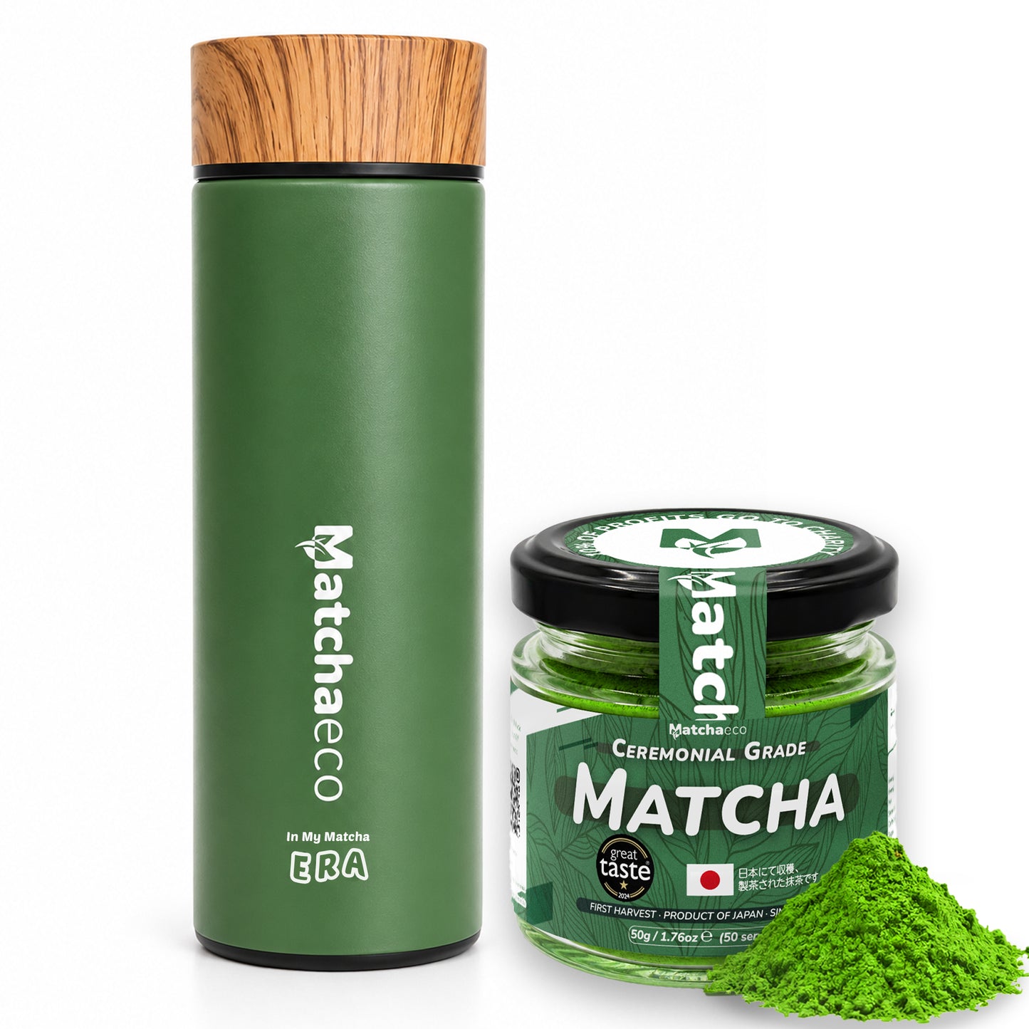 Green matcha product with wooden lid and jar on a white background