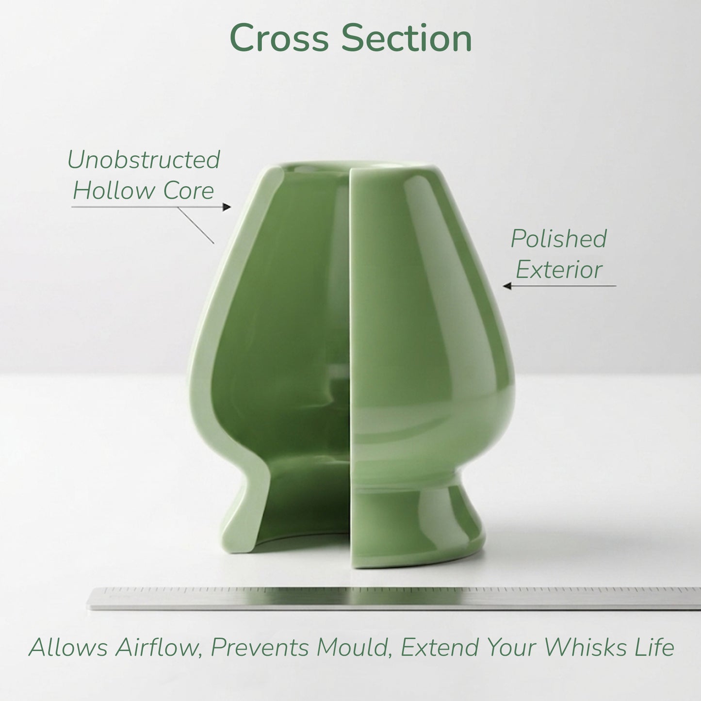 A green ceramic whisky glass shown in a cross-section view with text labels pointing out its unobstructed hollow core and polished exterior, on a clean white background.