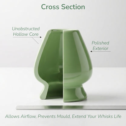 A green ceramic whisky glass shown in a cross-section view with text labels pointing out its unobstructed hollow core and polished exterior, on a clean white background.