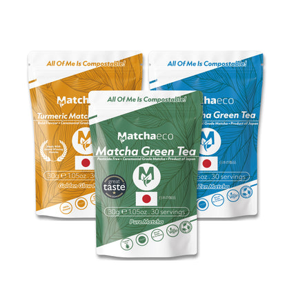 Matchaeco Mix ’n’ Matcha | 3-Flavour Matcha Tasting Bundle | 30g Compostable Pouch