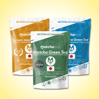 Matchaeco Mix ’n’ Matcha | 3-Flavour Matcha Tasting Bundle | 30g Compostable Pouch