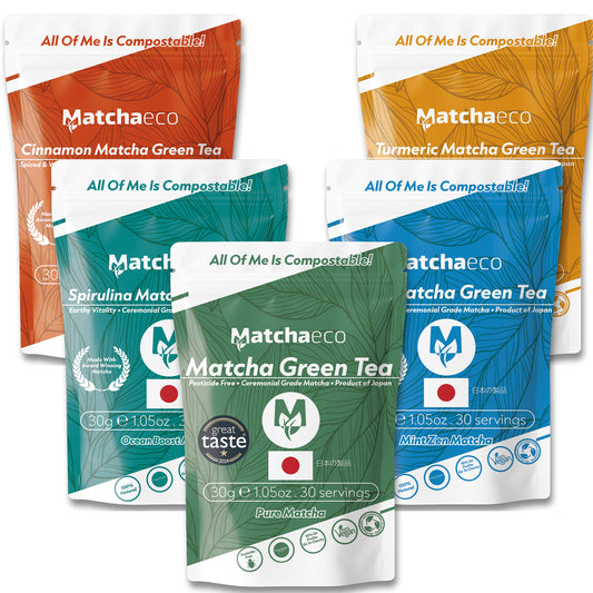 Matchaeco Mix ’n’ Matcha | 5-Flavour Matcha Tasting Bundle | 5 x 30g Compostable Pouch