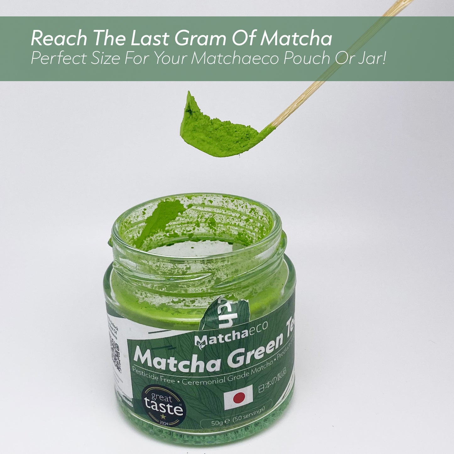 Reach every gram of matcha, traditional cashaku reaching in to a matcha jar of matchaeco tea