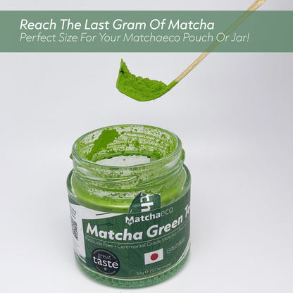 Reach every gram of matcha, traditional cashaku reaching in to a matcha jar of matchaeco tea