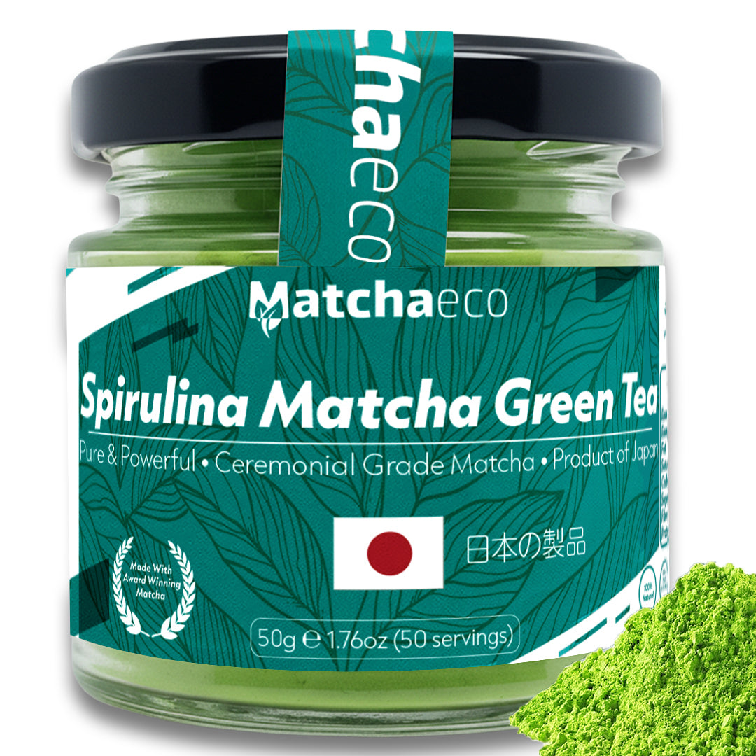 Matchaeco Spirulina Matcha Green Tea jar with green powder on a white background