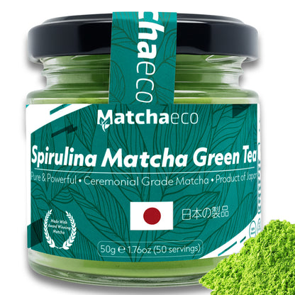 Matchaeco Spirulina Matcha Green Tea jar with green powder on a white background