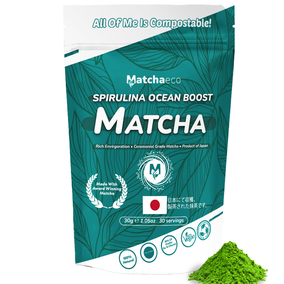 Matchaeco Spirulina Matcha Green Tea package on a green background with matcha powder.